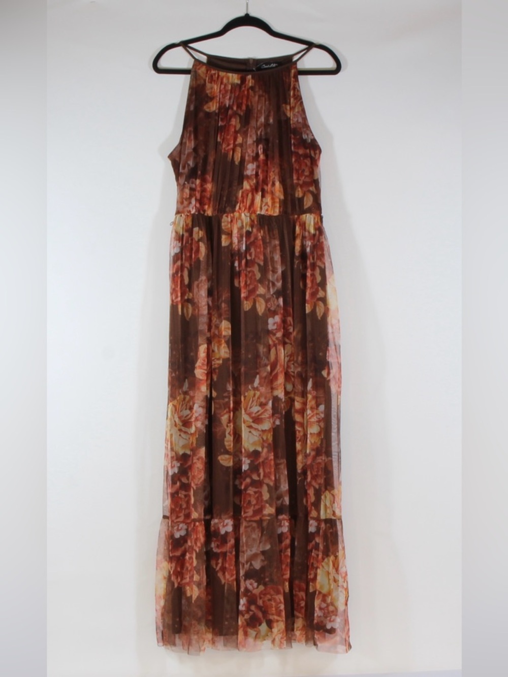 Candalite Floral Brown Sleeveless Maxi Dress with Ruffled Skirt NWOT - Picture 9 of 12